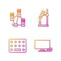 Set line Smart Tv, Pills in blister pack, Computer network and Test tube flask on fire. Gradient color icons. Vector