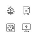 Set line Smart Tv, Power button, High voltage and Electric meter icon. Vector Royalty Free Stock Photo