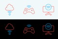 Set line Smart Tv system, Network cloud connection and Wireless gamepad icon. Vector