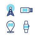 Set line Smart watch 5G network, Location, modem and Antenna icon. Vector Royalty Free Stock Photo
