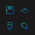 Set line Smart watch on hand, Boxing glove, Bathroom scales and Apple. Gradient color icons. Vector