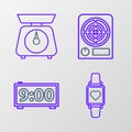 Set line Smart watch showing heart beat rate, Digital alarm clock, Electric heater and Scales icon. Vector Royalty Free Stock Photo