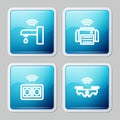Set line Smart water tap, printer, electrical outlet and drone icon. Vector