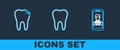 Set line Smartphone with contact, Broken tooth and Tooth icon. Vector
