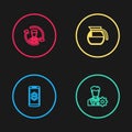 Set line Smartphone with dollar, Profile settings, Coffee pot and Human resources icon. Vector Royalty Free Stock Photo