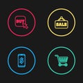 Set line Smartphone with dollar, Shopping cart, Hanging sign Sale and Buy button icon. Vector Royalty Free Stock Photo