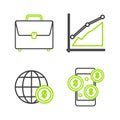 Set line Smartphone with dollar symbol, Earth globe, Pie chart infographic and Briefcase icon. Vector Royalty Free Stock Photo