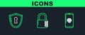 Set line Smartphone with fingerprint scanner, Shield keyhole and Safe combination lock icon. Vector