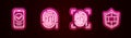 Set line Smartphone, Fingerprint, and Shield with brick wall. Glowing neon icon. Vector Royalty Free Stock Photo