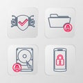 Set line Smartphone with lock, Hard disk drive and, Folder and Cyber security icon. Vector Royalty Free Stock Photo