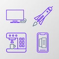 Set line Smartphone, mobile phone, Coffee machine, Rocket ship with fire and Tv icon. Vector