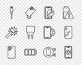 Set line Smartphone, Phone repair service, Mobile, Battery, USB cable cord, Charger, and with broken screen icon. Vector Royalty Free Stock Photo