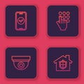 Set line Smartphone, Security camera, Password protection and House under. Blue square button. Vector Royalty Free Stock Photo