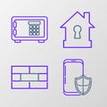 Set line Smartphone with security shield, Bricks, House under protection and Safe icon. Vector Royalty Free Stock Photo
