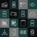Set line Smartphone with shield, heart rate, Download inbox, Drill machine, arrow folder, wireless, Radio and icon