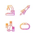 Set line Smartwatch, Computer network, Robotic robot arm hand factory and Rocket ship with fire. Gradient color icons