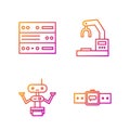 Set line Smartwatch, Robot, Server, Data, Web Hosting and Robotic robot arm hand factory. Gradient color icons. Vector