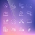 Set line Smartwatch service, Laptop, Gamepad, Video camera, Wrench, Location and Toaster icon. Vector Royalty Free Stock Photo