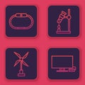 Set line Smartwatch, Wind turbine, Test tube flask on fire and Smart Tv. Blue square button. Vector