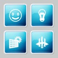 Set line Smile face, Light bulb, Solar energy panel and sun and Wind turbines icon. Vector Royalty Free Stock Photo