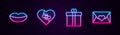 Set line Smiling lips, Healed broken heart, Gift box and and Envelope with Valentine. Glowing neon icon. Vector