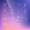 Set line Smiling lips, Heart hand, Mobile with heart, Healed broken, shape light bulb, Wine glass, Calendar and Burning Royalty Free Stock Photo