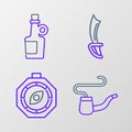 Set line Smoking pipe, Compass, Pirate sword and Alcohol drink Rum icon. Vector Royalty Free Stock Photo