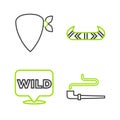 Set line Smoking pipe, Pointer to wild west, Kayak or canoe and paddle and Cowboy bandana icon. Vector