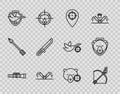 Set line Sniper optical sight, Bow and fire arrow, Hunt place, Trap hunting, Flying duck on shield, Hunter knife, bear Royalty Free Stock Photo