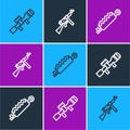 Set line Sniper optical sight, Trap hunting and Tommy gun icon. Vector