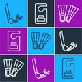 Set line Snorkel, Rubber flippers and Please do not disturb icon. Vector