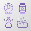 Set line Snowfall, Christmas snowman, Beer can and globe icon. Vector