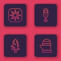Set line Snowflake, Christmas tree, Glass of champagne and mitten. Blue square button. Vector