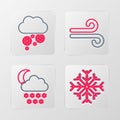 Set line Snowflake, Cloud with snow and moon, Wind and icon. Vector