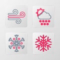 Set line Snowflake, Cloud with snow and sun and Wind icon. Vector