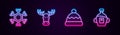 Set line Snowflake, Moose head with horns, Beanie hat and Maple syrup. Glowing neon icon. Vector