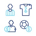 Set line Soccer football ball, Buy player, Football jersey and t-shirt and or soccer referee icon. Vector