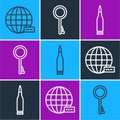 Set line Social network, Bullet and Old key icon. Vector Royalty Free Stock Photo