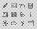 Set line Social network, Document folder, Air headphones, Smartwatch, Rocket ship with fire, Binary code, Wind turbine