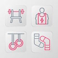 Set line Socks, Gymnastic rings, Bodybuilder and Bench with barbell icon. Vector