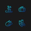 Set line Socks, Roasted turkey or chicken, Bare tree and Pumpkin. Gradient color icons. Vector