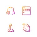 Set line Socks, Rocket ship, Headphones and Binary code. Gradient color icons. Vector