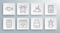 Set line Soda can, Alarm clock, Heart rate, Women waist, No alcohol, Fruit, Medical clipboard and Fish icon. Vector