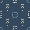 Set line Soda can, Ice cream in waffle cone and Sun on seamless pattern. Vector