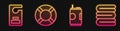 Set line Soda can, Please do not disturb, Lifebuoy and Towel stack. Glowing neon icon. Vector