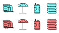 Set line Soda can, Rv Camping trailer, Sun protective umbrella for beach and Towel stack icon. Vector