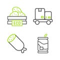 Set line Soda can, Salami sausage, Hand truck and boxes and Wooden for fruits icon. Vector