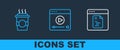 Set line Software, Coffee cup to go and Online play video icon. Vector Royalty Free Stock Photo
