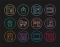 Set line Software, Flowchart, Computer monitor screen, Coffee cup go, Browser setting and mouse icon. Vector