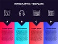 Set line Software, Headphones, Debugging and MySQL code. Business infographic template. Vector